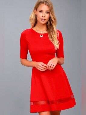 Lulus Sheer Factor Red Mesh Skater Dress Size M Stretch Feminine Mid Sleeve